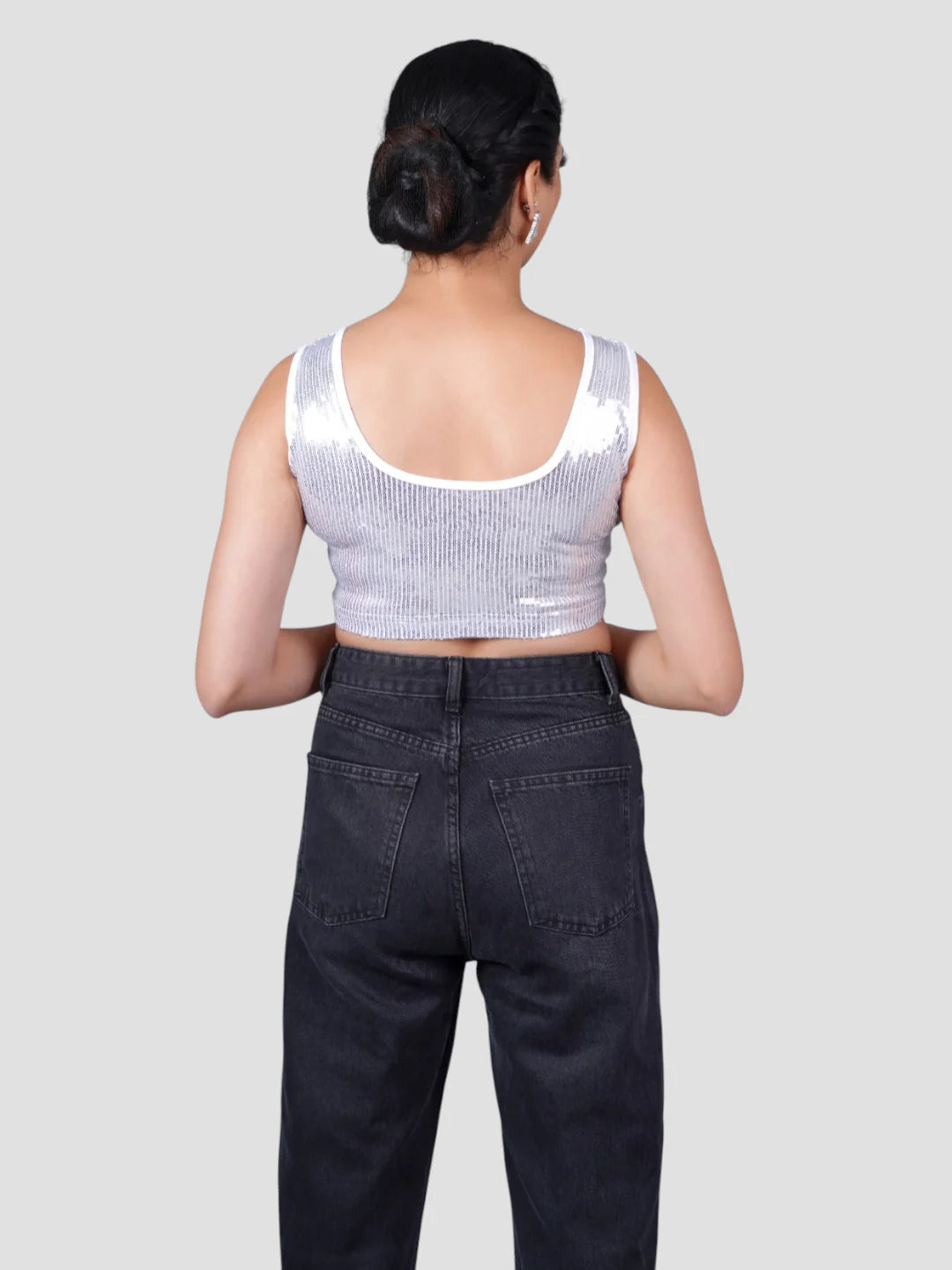 Silver Sequence Round Neck Sleeveless Readymade Blouse