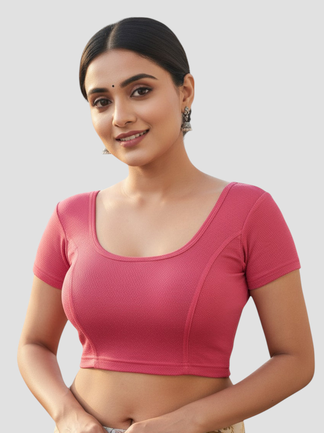Pink Lycra Round Neck Short Sleeves Readymade Blouse