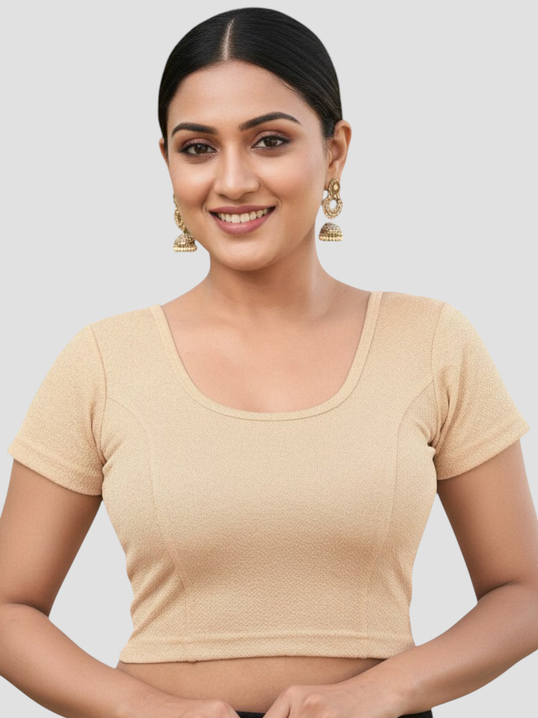 Gold Lycra Round Neck Short Sleeves Readymade Blouse