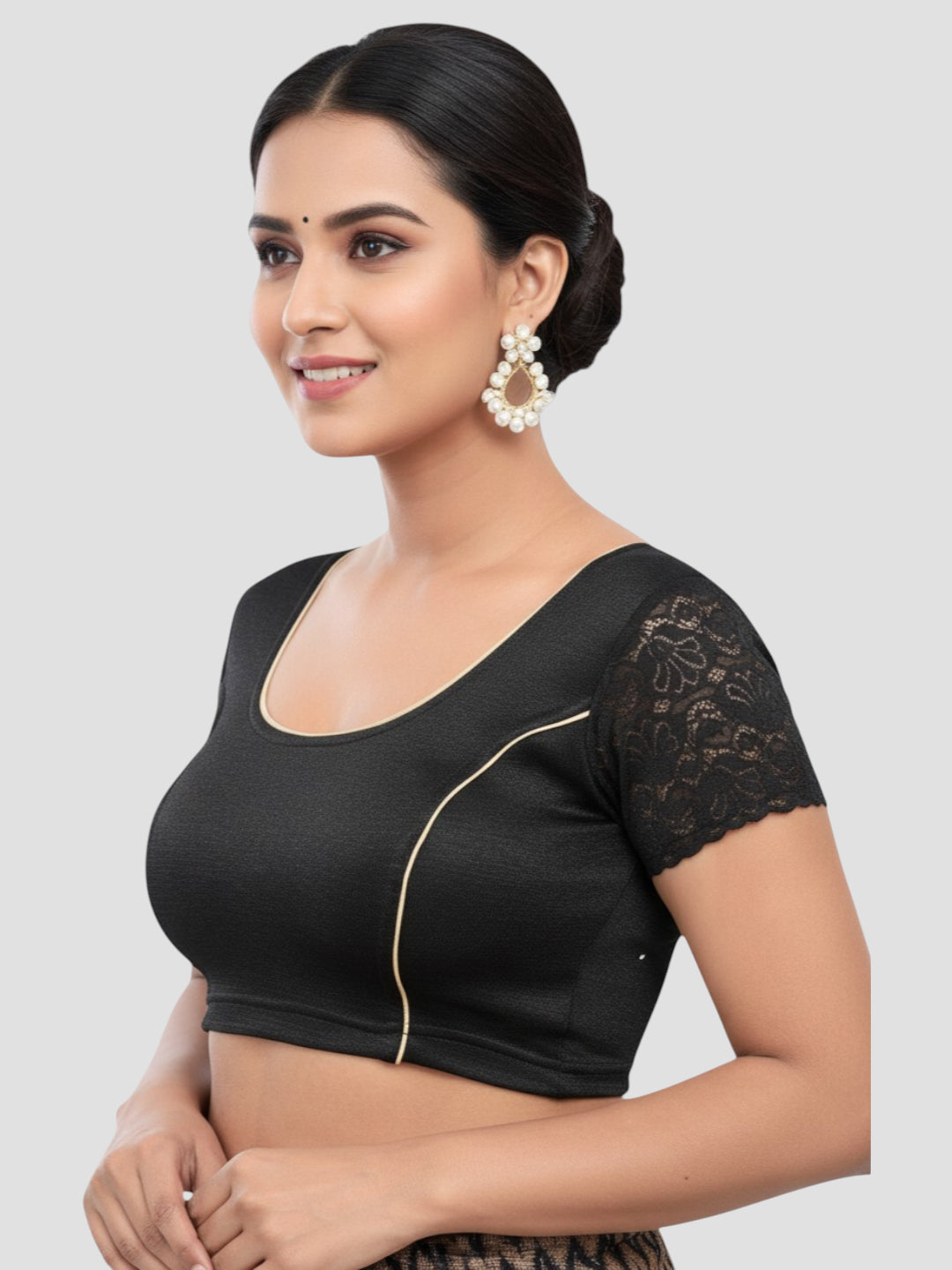 Lycra Black Round Neck Short Sleeves Readymade Blouse