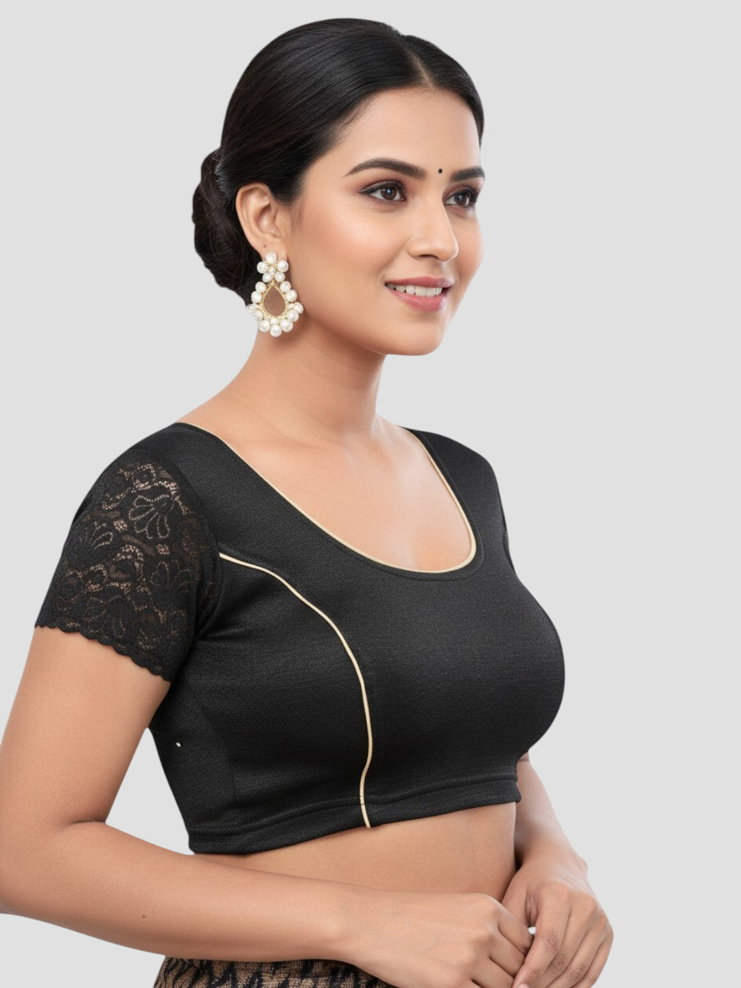 Lycra Black Round Neck Short Sleeves Readymade Blouse