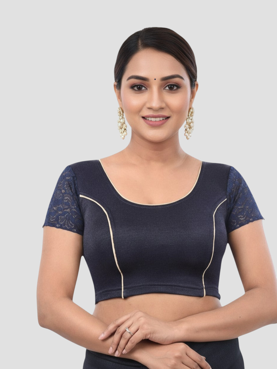 Navy Blue Lycra Round Neck Short Sleeves Readymade Blouse