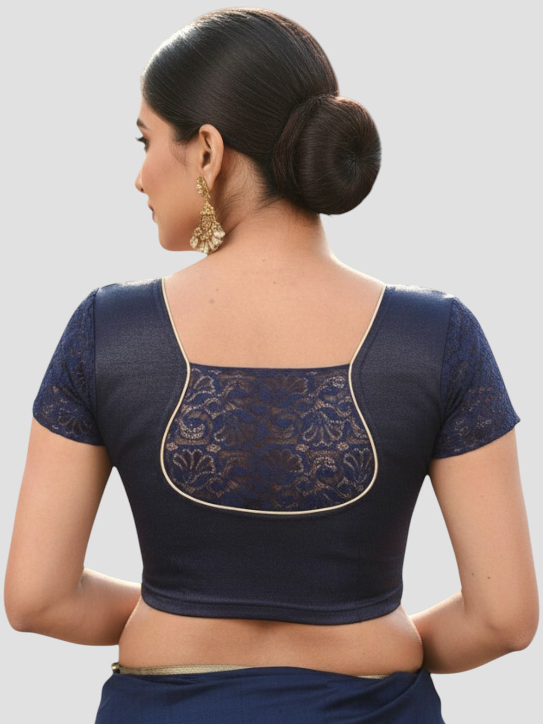 Navy Blue Lycra Round Neck Short Sleeves Readymade Blouse