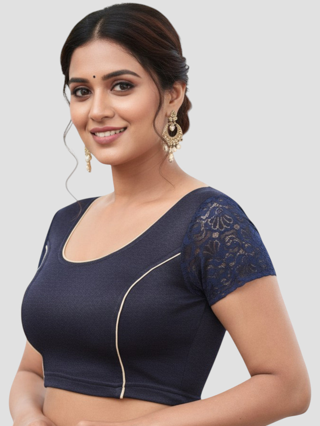 Navy Blue Lycra Round Neck Short Sleeves Readymade Blouse