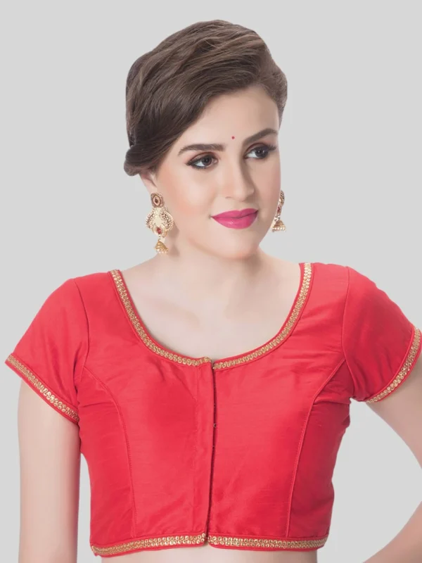 Red Silk Round Neck Short Sleeves Readymade Blouse