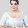 Silver Brocade Round Neck Half Sleeves Readymade Blouse