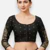 Black Brocade Round Neck 3/4 Sleeves Readymade Blouse