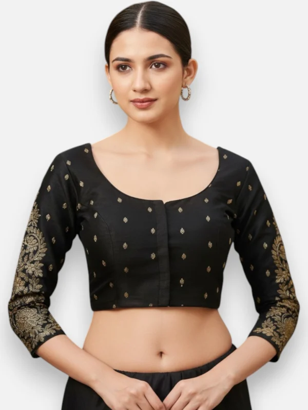 Black Brocade Round Neck 3/4 Sleeves Readymade Blouse