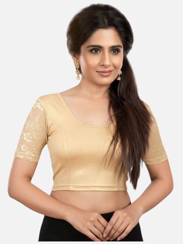 Gold Lycra Round Neck Short Sleeves Readymade Blouse