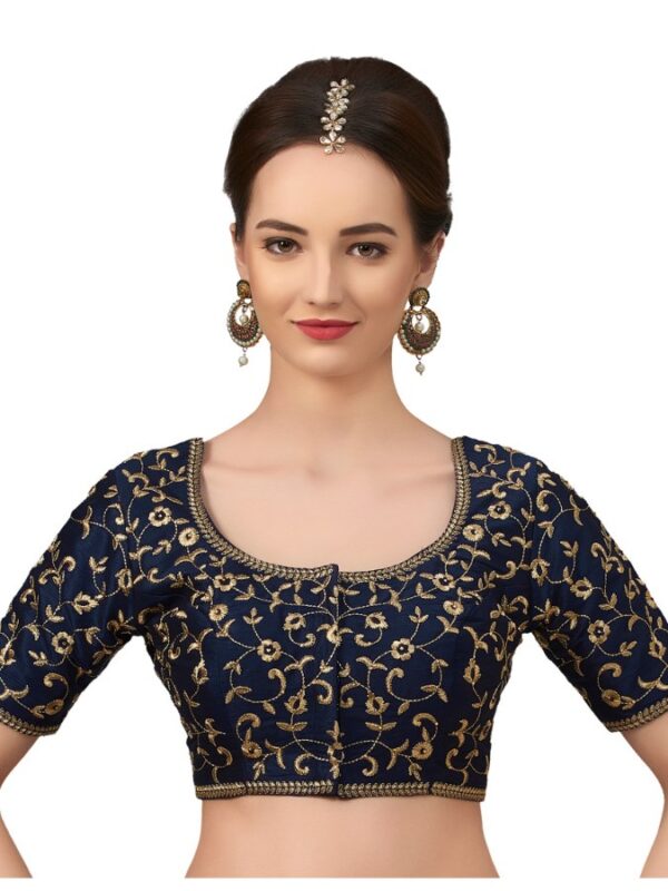 Navy Blue Silk Round Neck Half Sleeves Readymade Blouse