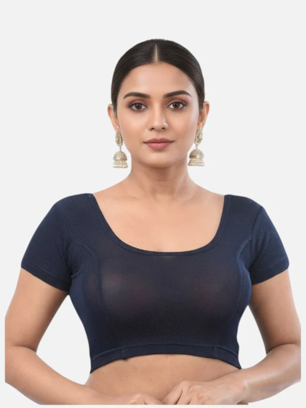 Navy Blue Lycra Round Neck Short Sleeves Readymade Blouse
