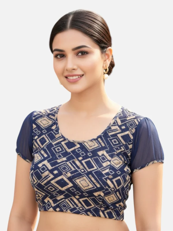 Navy Blue Lycra Round Neck Short Sleeves Readymade Blouse