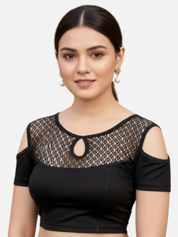 Black Lycra Round Neck Shoulder Cut Short Sleeves Readymade Blouse