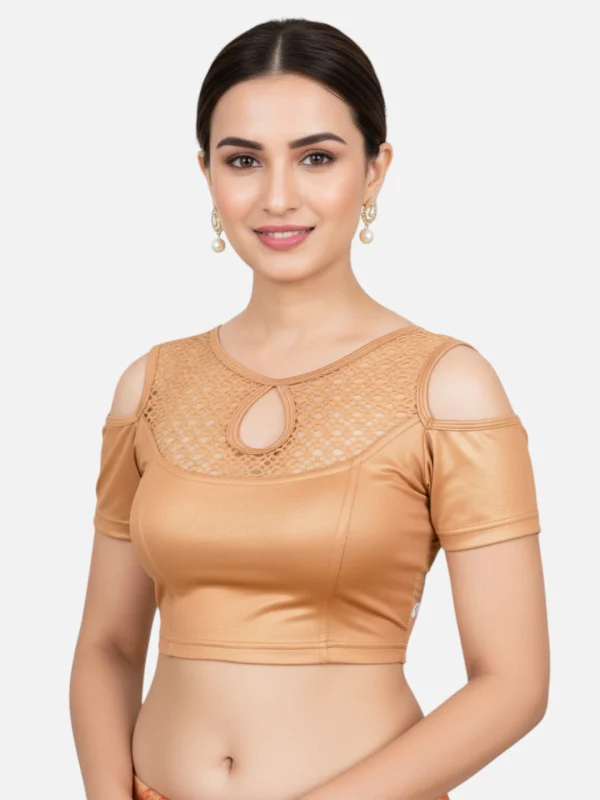 Copper Lycra Round Neck Shoulder Cut Short Sleeves Readymade Blouse