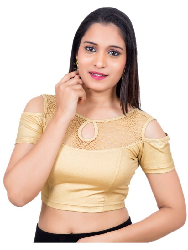 Gold Lycra Round Neck Shoulder Cut Short Sleeves Readymade Blouse