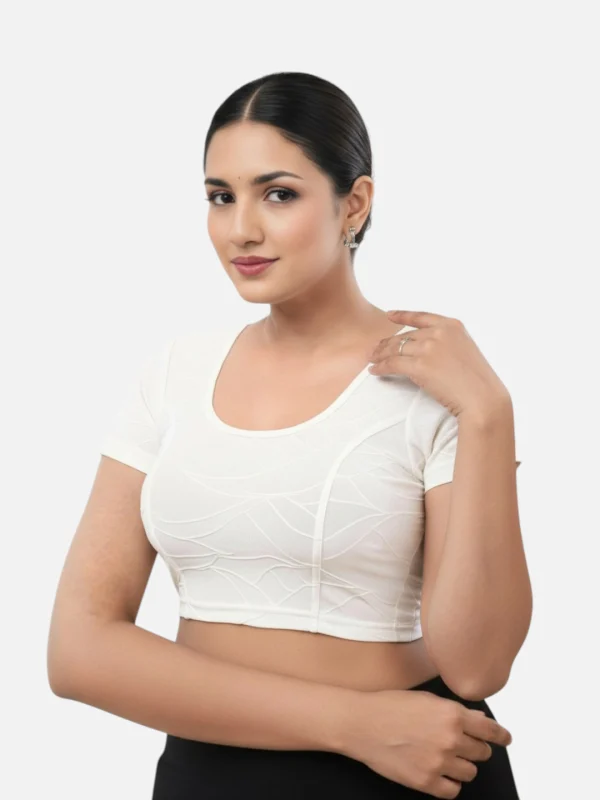 White Lycra Round Neck Short Sleeves Readymade Blouse