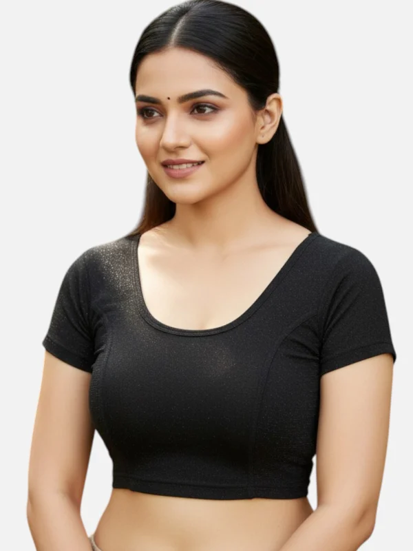 Black Lycra Round Neck Short Sleeves Readymade Blouse