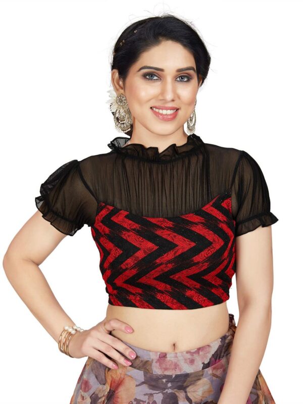 Black Red Lycra High Neck Short Sleeves Readymade Blouse