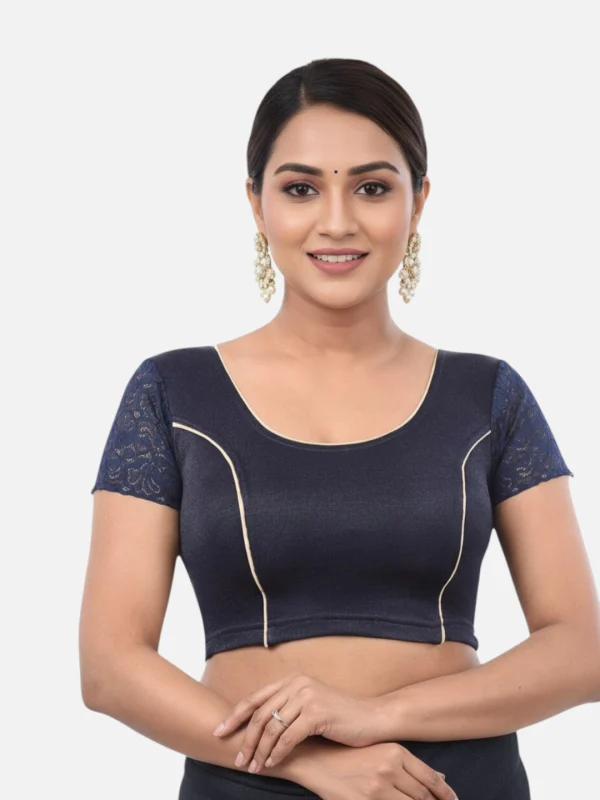 Navy Blue Lycra Round Neck Short Sleeves Readymade Blouse