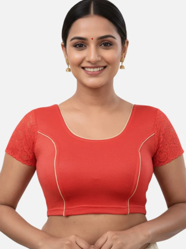 Red Lycra Round Neck Short Sleeves Readymade Blouse