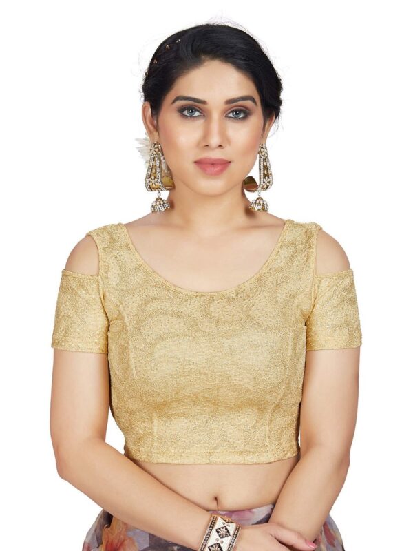 Gold Lycra Round Neck Shoulder Cut Short Sleeves Readymade Blouse