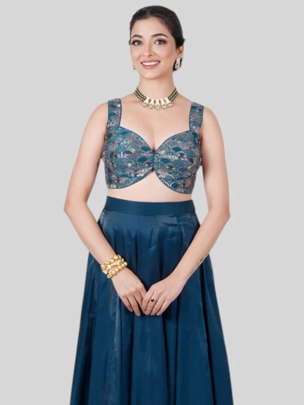 Green Brocade Deep Neck Sleeveless Readymade Blouse