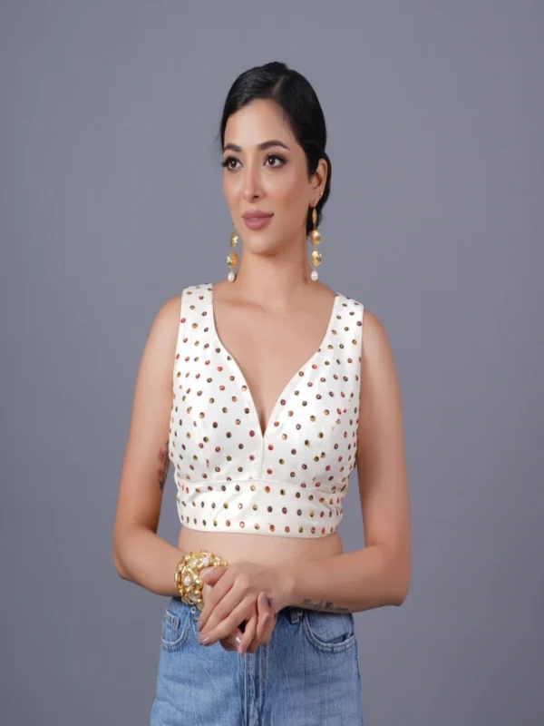 White Silk Deep Neck Sleeveless Readymade Blouse