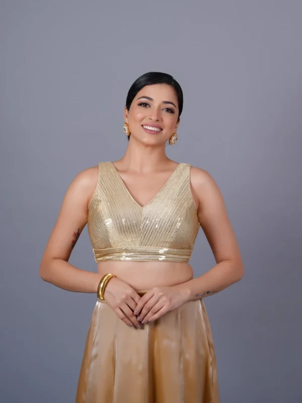 Gold Sequence V Neck Sleeveless Readymade Blouse