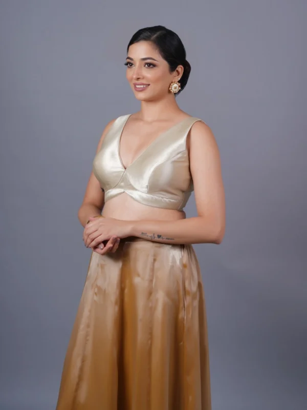 Gold Tissue V Neck Sleeveless Readymade Blouse