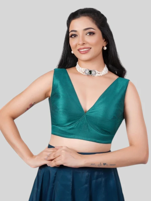 Green Silk V Neck Sleeveless Readymade Blouse