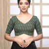 Green Ikkat V Neck Half Sleeves Readymade Saree Blouse