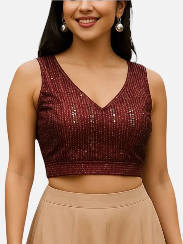 Women Maroon Sleeveless Sequin Embellished V-Neck Readymade Saree Blouse