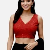 Women Maroon Sleeveless V-Neck Art Silk Readymade Saree Blouse