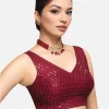 Women Maroon Sleeveless V-Neck Sequin Embellished Art Silk Readymade Saree Blouse