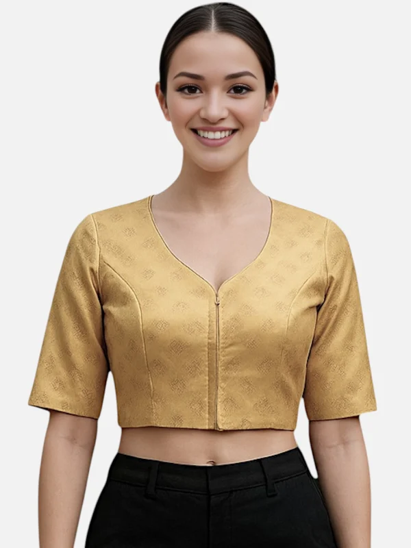 Women Gold Brocade V-Neck Half Sleeve Readymade Saree Blouse