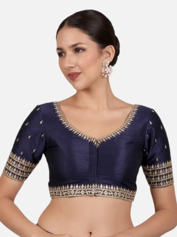 Navy Blue Dupion Silk Golden Zari & Stone Work Readymade Saree Blouse