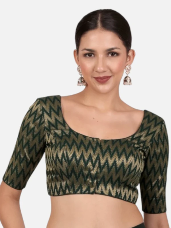 Green & Gold Zigzag Pattern Cotton Readymade Saree Blouse