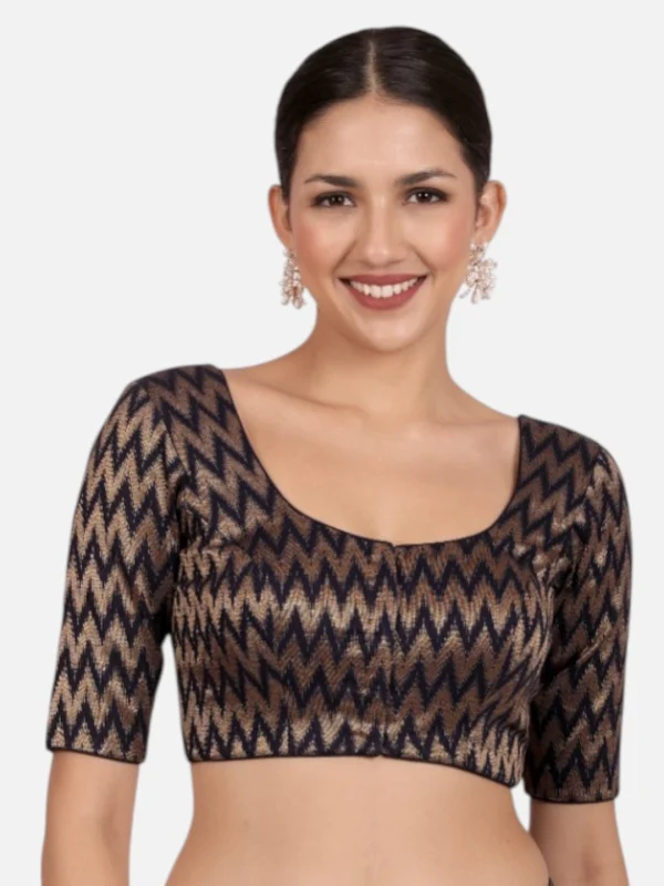 Navy Blue & Gold Zigzag Pattern Cotton Readymade Saree Blouse