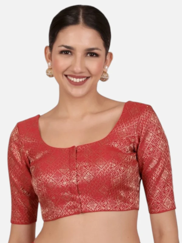 Red Brocade Padded Readymade Saree Blouse
