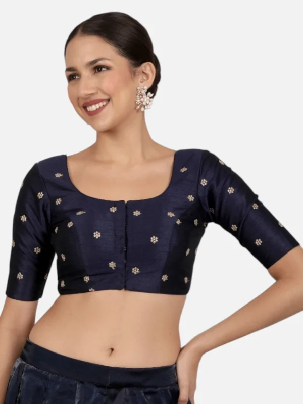 Navy Blue Kora Silk Golden Zari Work Half Sleeve Readymade Saree Blouse