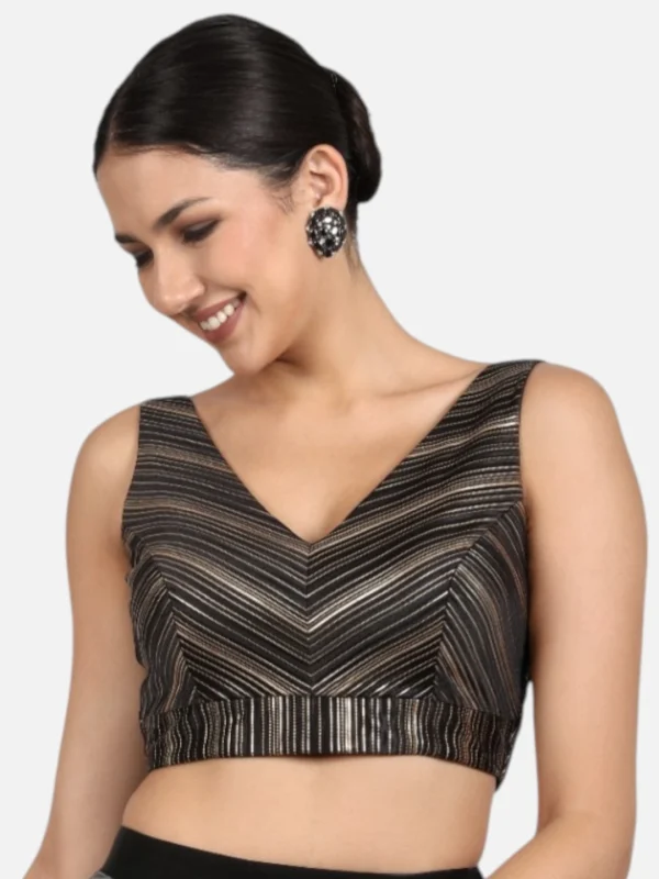 Elegant Black & Gold Striped Silk V-Neck Sleeveless Saree Blouse
