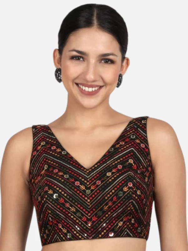 Black Cotton Sequin & Thread Work V-Neck Sleeveless Saree Blouse