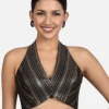 Elegant Black & Gold Striped Silk Halter Neck Backless Saree Blouse
