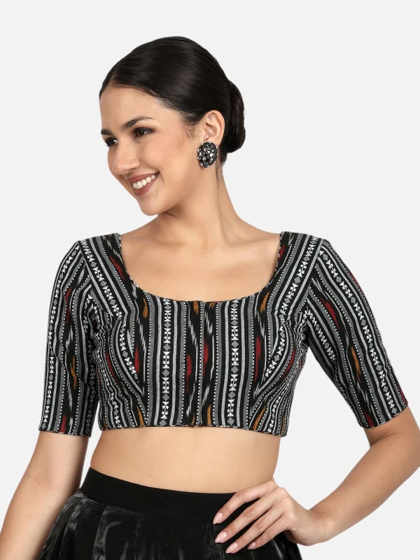 Black & Multicolored Ikat Print Cotton Readymade Saree Blouse with Half Sleeves & Deep Back Tie-Up