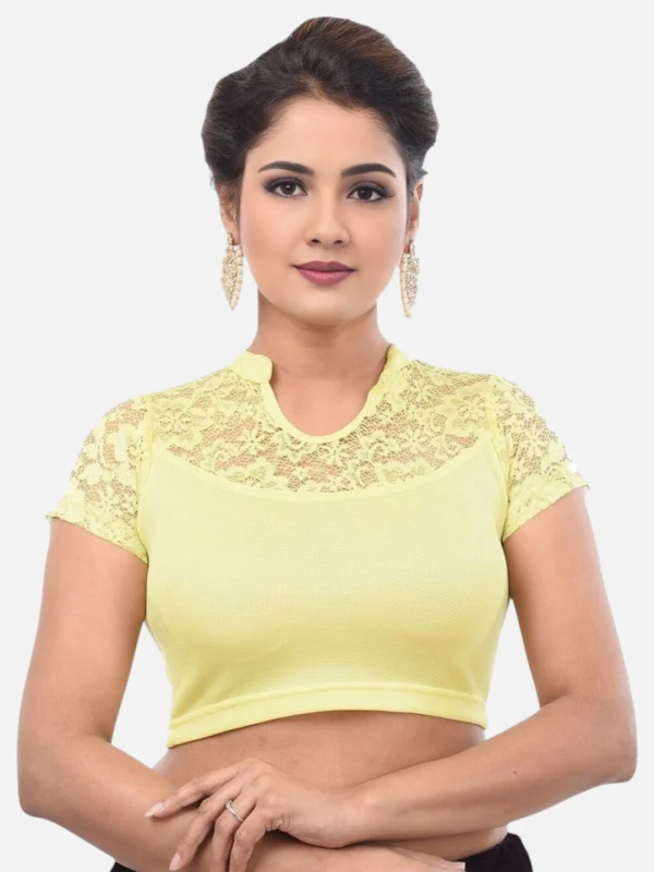 Yellow Lace-Yoke Stretchable Elastane Readymade Saree Blouse with Back Keyhole